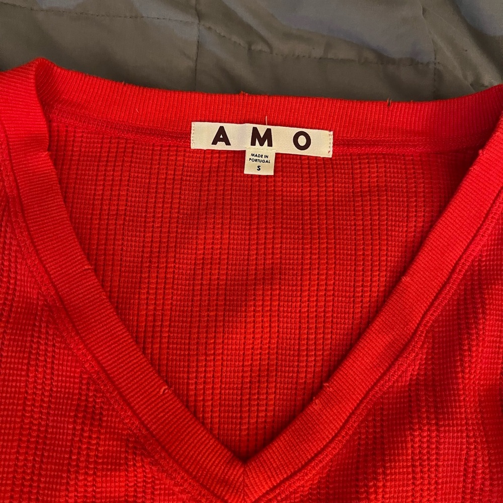 AMO Bright Red V-Neck Ribbed Knit Top - Picture 2 of 5